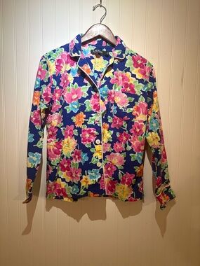 LAUREN RALPH LAUREN Navy Floral Button-Front pajama PJ sleep top shirt GUC